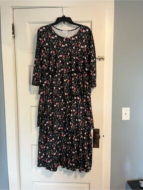 Nuggles Floral Tiered Midi Dress - Black with Pink Flowers